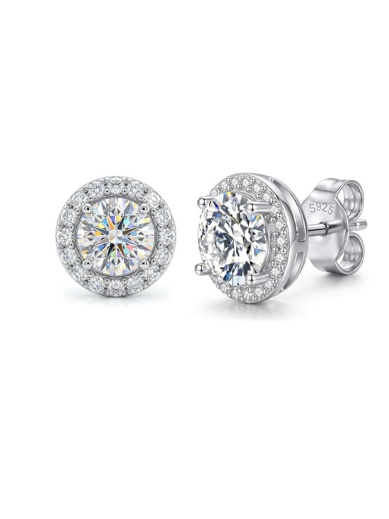 Jewelry - Sterling Silver Halo Round Cubic Zirconia Stud Earrings - White